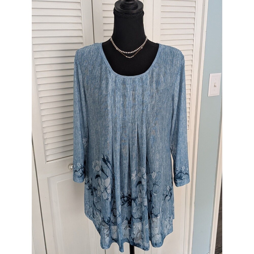 Timeson Tunic Women's XL Blue Floral Mesh Knit Lined 3/4 Sleeve Top Blouse NEW